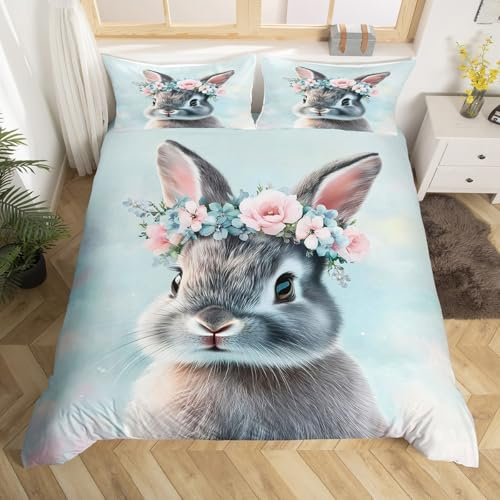 Loussiesd Nettes Kaninchen Bettwäsche Set 135x200cm Kawaii Hase Bettbezug für Kinder Jungen Mädchen Blumenkaninchen Betten Rose Blumenblume Bettwäsche-Set Tier