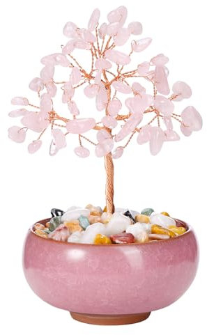 JSDDE Bonsai Arbre de Vie en Pierres Naturelles Décoration Intérieure Feng Shui Arbre de Cristal Porte Chance avec Bol Céramique Pierres et Cristaux Reiki Guérison Porte-Bonheur 12-13cm (Quartz Rose)