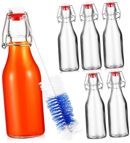 ULTECHNOVO 6piezas Botellas De Vidrio Con Tapa Hermética y Cepillo Limpia Biberones Para Bebidas y Almacenar Cerveza
