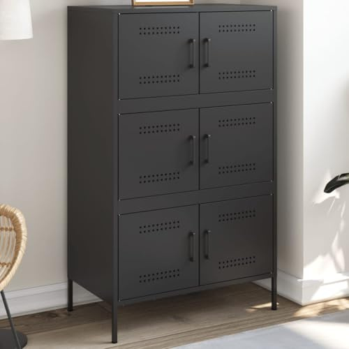 Qnhdfrt Highboard aus Stahl Schwarz Industrie-Design mit 6 Fächern Stauraum 68x39x113 cm für Wohnzimmer Schlafzimmer