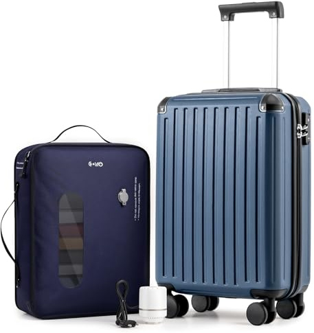 COOLIFE Valise de cabine 55 x 35 x 20 cm pour avion Ryanair Bagage cabine Valise rigide avec serrure TSA et 4 roulettes jumelles, bleu foncé, vide 55 x 35 x 20 cm + pompe, Ryan Airlines Sac de voyage