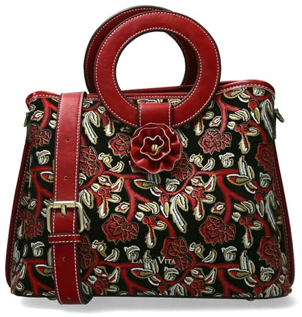 Laura Vita Damen Henkeltasche mit Blumenmuster Blüte und Umhängeriemen Alisa 04, Farbe:Rot