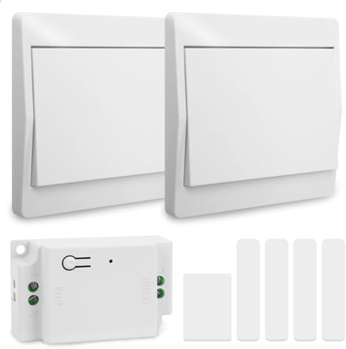 Interruttore Luce Wireless Senza Batteria, Kit Deviatore Senza Fili Autoalimentato Cinetico, Ricevitore 230V 10A per Lampade LED, 433Mhz, Nessun Cablaggio (1 Ricevitore e 2 Interruttori Singoli)