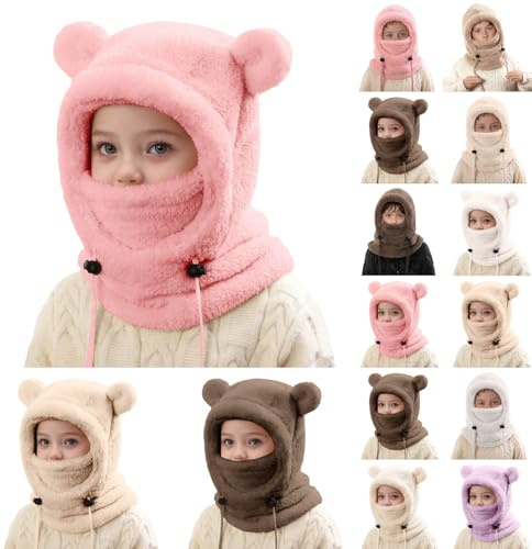 Generisch Schlupfmütze Kinder Warme Wintermütze Mädchen Jungen,Niedlich Schalmütze mit Zwei Ohren,Weiche Kuschelige Plüsch Sturmhaube,3 in 1 Fleece Gesichtsmaske Schal Mütze Kinder