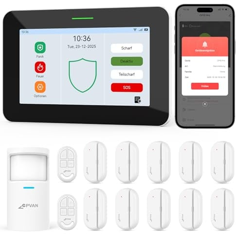 CPVAN GSM + WiFi Allarme Casa Senza Fili con Schermo Touch 7, 110dB Sistema Intelligente di Sicurezza con Allarme via APP/SMS/Chiamata, Rilevatore di Movimento, Sensori Porta/Finestra, Telecomandi