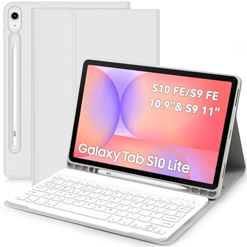 Keyboard Case for Samsung Galaxy Tab S10 Lite/S10 FE 2025/S9 FE 2023/ S9 2023-UK Layout Bluetooth Detachable Wireless Keyboard for Tab S10 Lite/S10 FE/S9 FE/S9(10.9''/11'')-Gery White
