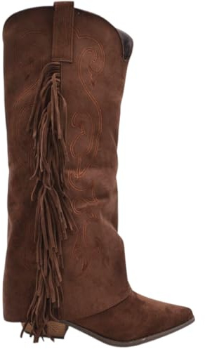 Stivali Donna al Ginocchio camperos in camoscio Marrone con Risvolto e Frange Tacco Western 4 cm Zip Intera (39 EU)