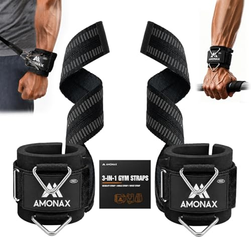 Amonax 3-in-1 Weight Lifting Straps, Deadlift Straps, Ankle Straps for Cable Machines, Padded Gym Wrist Straps for Cable Machines, Fitness Straps with Triangular D-Ring and Built-In Strap Storage