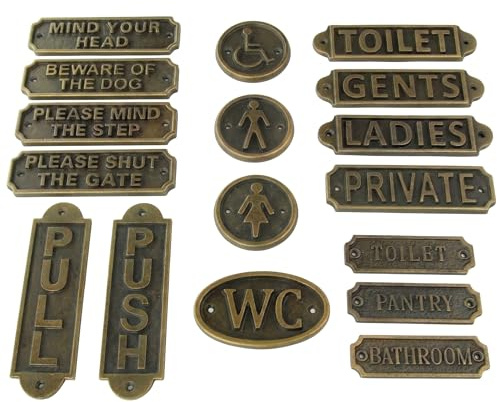 Antique Brass Finish Cast Iron Vintage Style Door Signs, Toilet, Private, Beware of the Dog, Push Pull, Gents, Ladies, Bathroom (Round Disabled Sign 75mm)