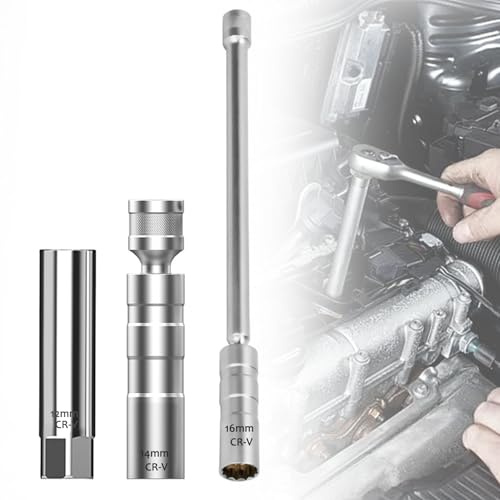 Eniyou 3 Stück Zündkerzenschlüssel Set, Glühkerzenschlüssel 12mm/14mm/16mm, Magnetische 360° Drehbare Universal Flexibel Zündkerzennuss, 3/8 Spark Plug Wrench, Auto Zündkerzen Wechsel-Cr-V-Stahl