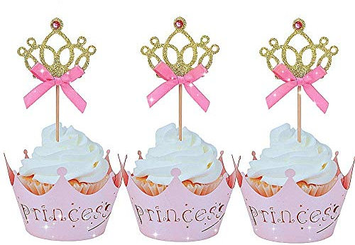 JeVenis 40 PCS Glittery Princess Cupcake Toppers Crown Cupcake Wrapper Crown Cupcake Toppers Baby Shower Cupcake Decorations for Birthday Baby Shower Party Decorations Supplies