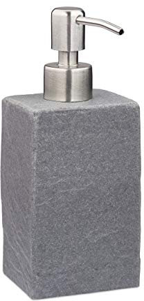 Relaxdays Seifenspender, 200 ml, nachfüllbar, Bad, WC, Küche, Flüssigseifenspender, Polyresin, Edelstahlpumpe, grau