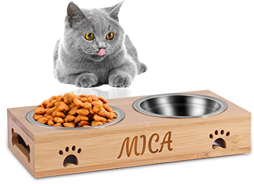 OXYEFEI Wooden Pet Bowl, Personalized Dog Bowl/Cat Bowl for Small and Medium Pets, Bamboo Frame Cat Dog Bowl with Custom Name and Text, with Stainless Steel Bowls (Two Bowls)