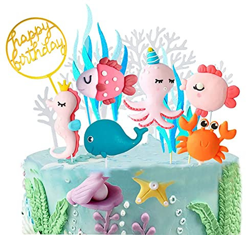 Morofme Sea Cake Topper, 12pcs Sea Birthday Cake Cupcake Topper, Ocean Animals Sea Cake Dekoration für Kinder unter dem Meer Ocean Sea World Thema Geburtstag Baby Shower Party Supplies