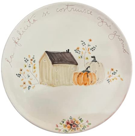 Amarcord La Romagna Plato de pizza de cerámica hecho y pintado a mano con calabazas, flores y perro con inscripción La Felicidad de construye cada día