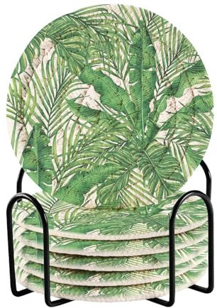 Lot de 6 dessous de verre ronds absorbants en forme de feuille de palmier et noix de coco avec support pour bar, café, protection de table