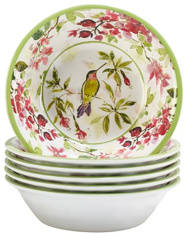Hummingbirds Melamine 7.5 All Purpose Bowls, Set of 6 – Vibrant Floral Design, Lightweight, Shatter-Resistant, Dishwasher Safe, Nature-Inspired Tableware for Outdoor Dining and Everyday Use