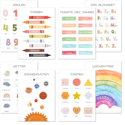8er Set Lernplakate Lernposter, A4 Bilder Kinderzimmer - 21x30cm, pädagogische Lernposter Poster für Kinder, Alphabet ABC Zahlen Monate Farben Poster Kinderzimmer - für Babyzimmer, Kindergarten