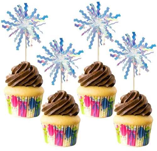Gyufise 20Pcs Foil Firework Cupcake Toppers Happy Birthday Cake Toppers Tinsel Flower Drink Stirrers Cocktail Food Fruit Toothpicks for Valentine's Day Party Birthday Wedding Supplies Laser Silver