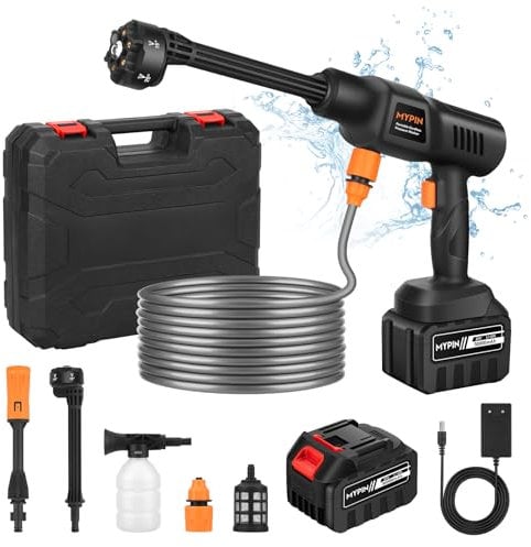 Idropulitrice Portatile Senza Fili a Batteria, MYPIN Idropulitrice Alta Potenza con Batteria Ricaricabile, 600 PSI, 21V, 6-in-1 Ugelli, per Auto, Pavimento, Muro, Recinzion