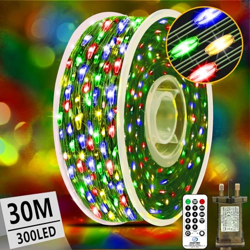 XURISEN 30M 300LED Outdoor Fairy Lights Plug in Christmas Tree Lights Green Copper Wire String Lights Waterproof 8 Modes with Remote Memory for Garden Yard Party Wedding Xmas Decoration- Mutilcolor