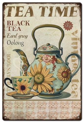 SUPERDANT Cartello in Metallo Tea Time Teiera Tazza Da Tè Segno di Latta Targa In Metallo Da Cucina per Ristoranti Vintage Poster Da Parete Vintage Poster con Placca Murale Regali per Soggiorno