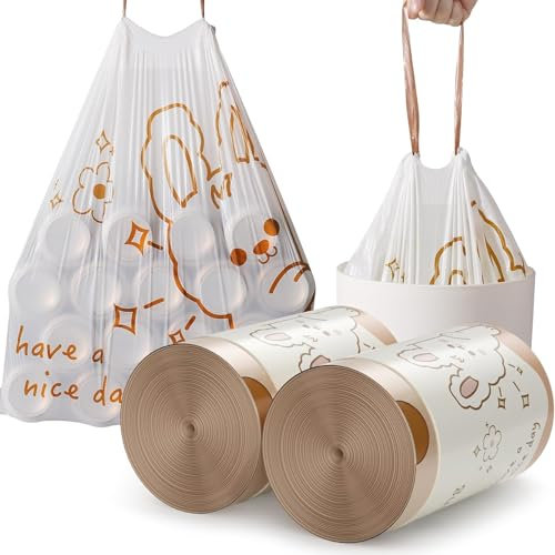 Müllbeutel mit Kordelzug, Müllbeutel fürs Badezimmer, 120 Stück Mülleimerbeutel für Badezimmer und Küche, Mülleimerbeutel mit weißem Kaninchen-Aufdruck, 1,8 Liter Tischabfalleimer Mit (H, One Size)