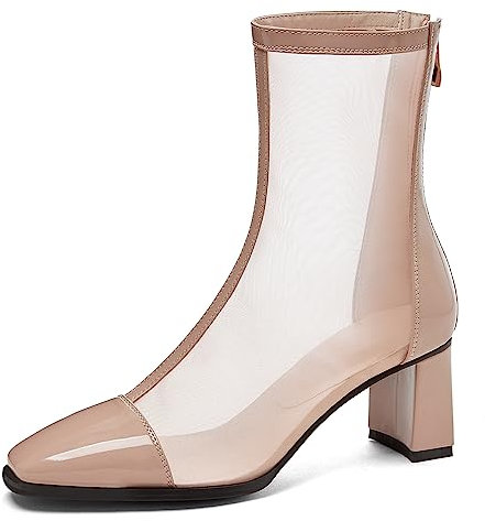 Klarmar Donna Tacco Chunky Cavo Polacchine Vernice Net Stivali Autunno Moda Prom Block Stivali Prom Largo Fit Beige-Corto Numero 36 EU/23CM