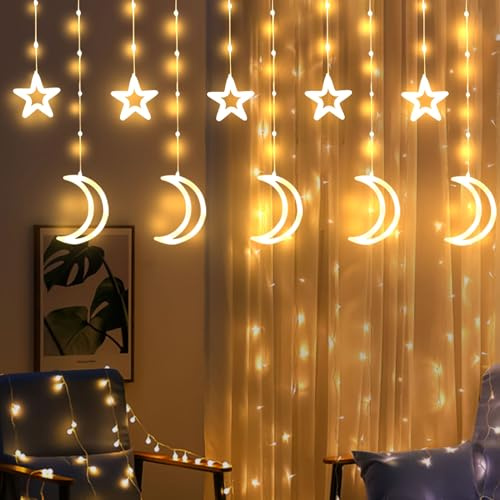 Ramadan Deko Lichterkette, 3M LED Lichterkette Innen mit 8 Lichtmodi, Timing Funktion, Ramadan Lichtvorhang Stern Mond Eid Mubarak Dekoration Lichterketten Warmweiß für Islam Deko (Mond Stern)