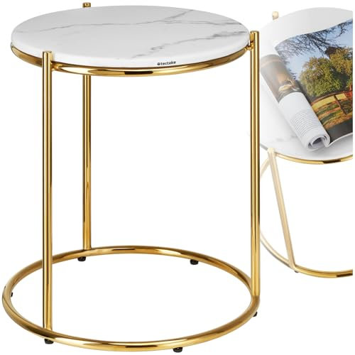 tectake® Couchtisch rund, Kleiner Tisch, Beistelltisch Metall und Marmor, Wohnzimmer Möbel, Coffee Table, Beistelltisch, Nachttisch rund, Sofatisch, Kaffeetisch modern - weiß/Gold