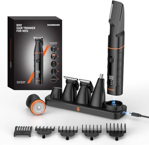 MAXGROOM Tondeuse Corps Homme 5‑en‑1, Tondeuse Intime Homme – IPX6 Étanche | Autonomie 120 min, Station de Charge USB-C, Rasoir Partie Intime Professionnelle pour Testicule Jambes Nez