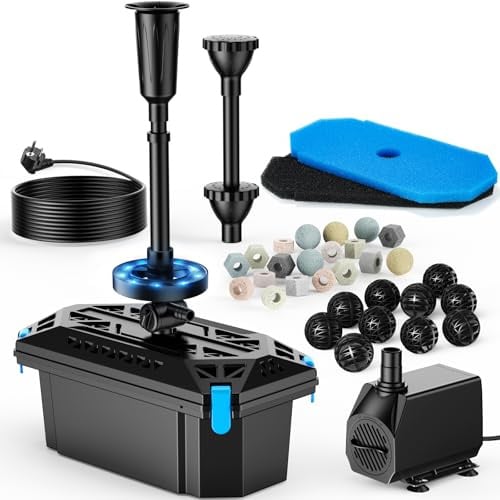 POPOSOAP RGB Teichbrunnen- und Teichfilter-Set 2500 l/h (kabelgebunden) | Teichfilterpumpe mit automatisch wechselnden RGB-LED-Lichtern & einstellbarem Durchfluss, für Außenbereich & Gartenteiche