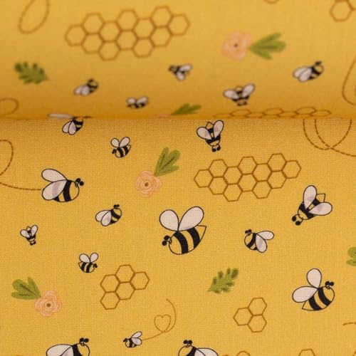 Baumwollstoff Kinder Motive Meterware – 100 % Baumwolle – 147 cm breit – Öko-Tex Standard 100 – ideal für Schultüten, Kinderkleidung, Kissen, Deko – ab 50 cm (Bienen, goldgelb)