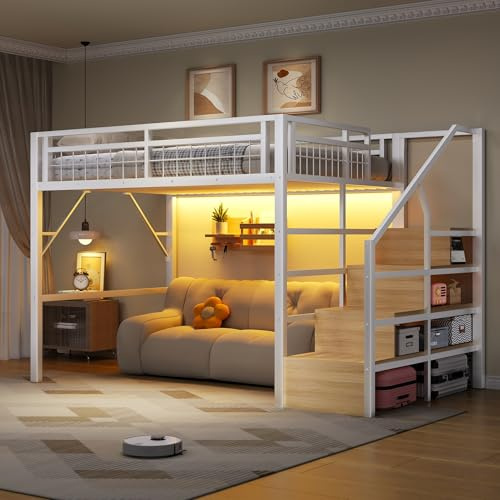 TOBIDOEN Hochbett 140x200 cm, Verstellbarer LE/D Modus, Integrierter Stauraumtreppe, Großem Freiraum zum Spielen und Verkleiden, Einfach Montierbar, ohne Matratze, Metall+MDF, Weiß