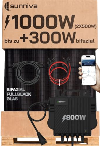SUNNIVA® 1000W Balkonkraftwerk BIFAZIAL FULLBLACK komplett Steckdose GROWATT NEO-800M-X 800 Watt Wechselrichter, Solaranlage Komplettset, 2x 500W N-Type Glas Bifacial Solarmodule, 5m Kabel