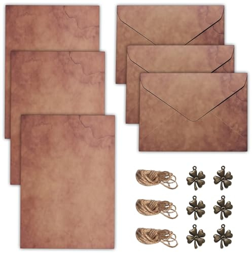 Briefpapier mit umschlag, liebesbrief briefpapier set, vintage schreiben, 3 Sets Vintage Briefpapier Set mit Kleeblatt Motiv, 6 Umschläge, 12 Briefbögen, Metall-Anhänger und Hanfseil, A5 Format