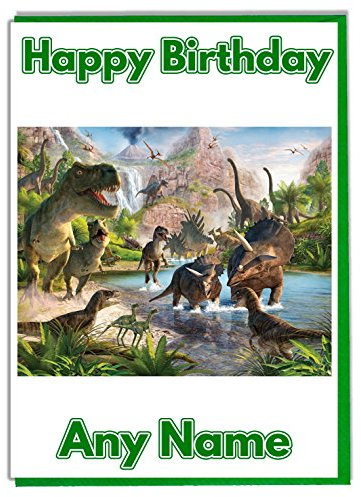 Geburtstagskarte mit Dinosaurier-Motiv, personalisierbar – alle Namen und Alter (evtl. nicht in deutscher Sprache)