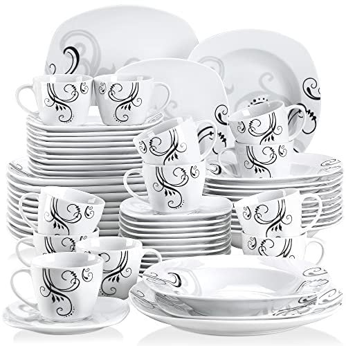 VEWEET ZOEY 60pcs Service de Table Porcelaine 12pcs Assiette Plate, Assiette à Dessert, Assiette Creuse, Tasse avec Soucoupes pour 12 Personnes Vaisselles Céramique Fleuri Noir Design Moderne