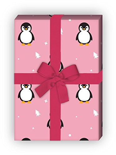 Kartenkaufrausch Super süßes Weihnachtspapier, Geschenkpapier Set zu Weihnachten mit Pinguinen und Weihnachtsbäumen, rosa, für tolle Geschenk Verpackung, Designpapier, 4 Bogen, 32 x 48cm