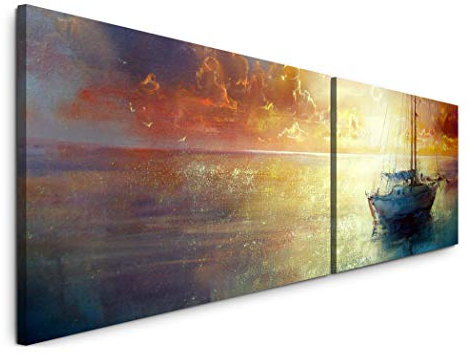 Paul Sinus Art Malerei mit Segelboot 180x50cm - 2 Wandbilder je 50x90cm - Kunstdrucke - Wandbild - Leinwandbilder fertig auf Rahmen