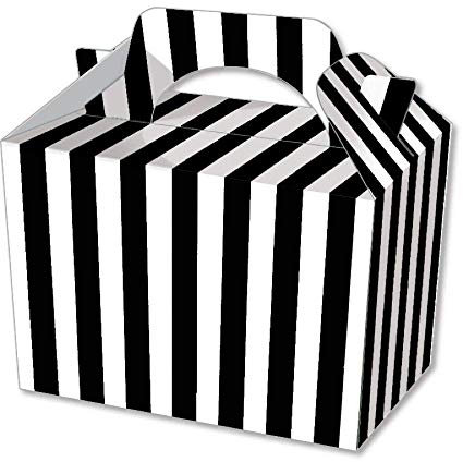 We Can Source It Ltd - Black and White Stripe Paper Meal Boxes 15cm x 10cm x 10cm with Handle – Kids Birthday Party, Picnic, BBQ, and School Meal Boxes – Easy Assembly, Food Safe - Pack of 10