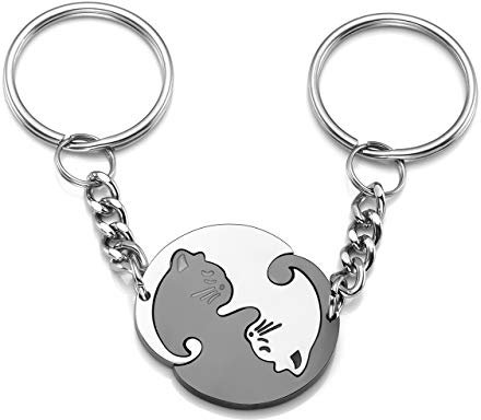 Zysta Porte-clés pour couple en acier inoxydable avec pendentif puzzle chat noir et blanc le yin et le yang, porte-clés de l'amour ou de l'amitié, cadeau pour lui/elle, Argent + noir, 25mm