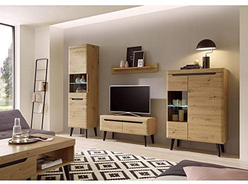Lomadox Skandinavisches Wohnwand Anbauwand Set, Eiche Artisan mit schwarz, LED-Beleuchtung, Massivholzfüße, B/H/T: 290/197/40cm