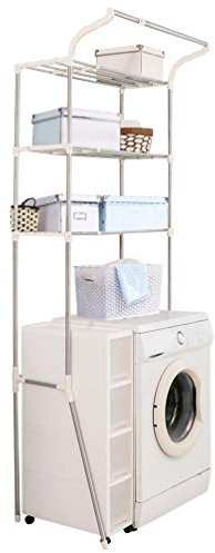 BAOYOUNI Scaffale sopra Lavatrice Mensola per Toilette WC 3 Ripiani Portaoggetti Organizer per Bagno Salvaspazio Scaffali in Metallo con Asta per Appendere, (61-97) X 49,5 X 210 cm, Avorio