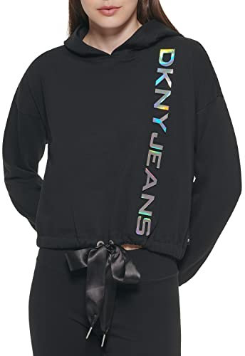 DKNY Women's Cropped Hologram Logo Hoodie Hooded Sweatshirt, Black, S