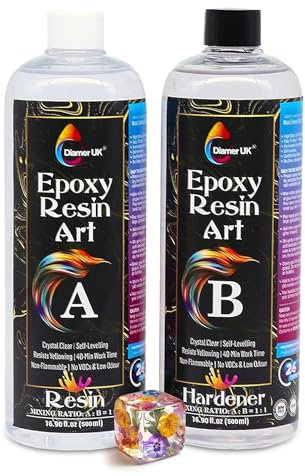 DIAMER Epoxy Resin | 1L Crystal Clear Resin & Hardner Kit for DIY, Art, Craft Decoration, Jewelry Making, Resin Moulds, Casting and Coating, Wood, Table, Countertops | Heat & UV Resistent