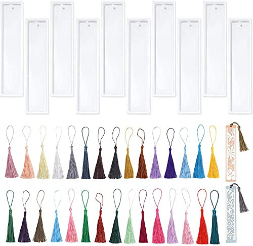 40pcs Molde Resina Epoxi de Marcador de Libro, 10 Piezas Marcapáginas Moldes Silicona con 30 Borlas Coloridas, Molde Rectangular de Resina para Joyería DIY, Regalo para Profesores, Estudiantes