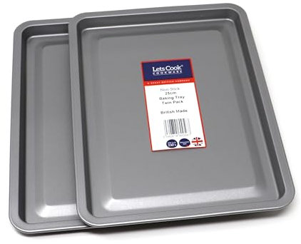 Lets Cook Cookware - Set of Two - 25cm Small Baking Oven Trays, PFOA & BPA Free Non Stick Coating, Air Fryer Compatible, Made in Britain