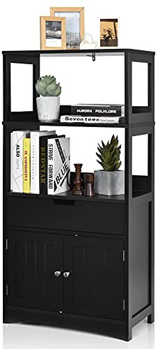 Multigot Kitchen Cupboard, Freestanding Wooden Floor Storage Cabinet with 3 Open Shelves, 1 Drawer and 2 Doors, Bathroom Hallway Storage Organizer Unit (Black)