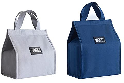 2 Stücke Lunch-Taschen, Kühltasche Tragbar Isolierte Lunchtasche, Wasserdichte Faltbare Picknicktasche Picknick-Handtasche, Lunch Bag für Arbeit, Schule und Picknick (Grau+Blau)